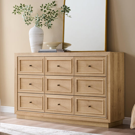 ACCOHOHO 9 Drawer Dresser with Two Included Base Styles, 52" Wide Chest of Drawers, Transitional Modern Closet Dresser with Antique Brass Knobs, Wooden TV Stand for Bedroom, Living Room, Natural Oak