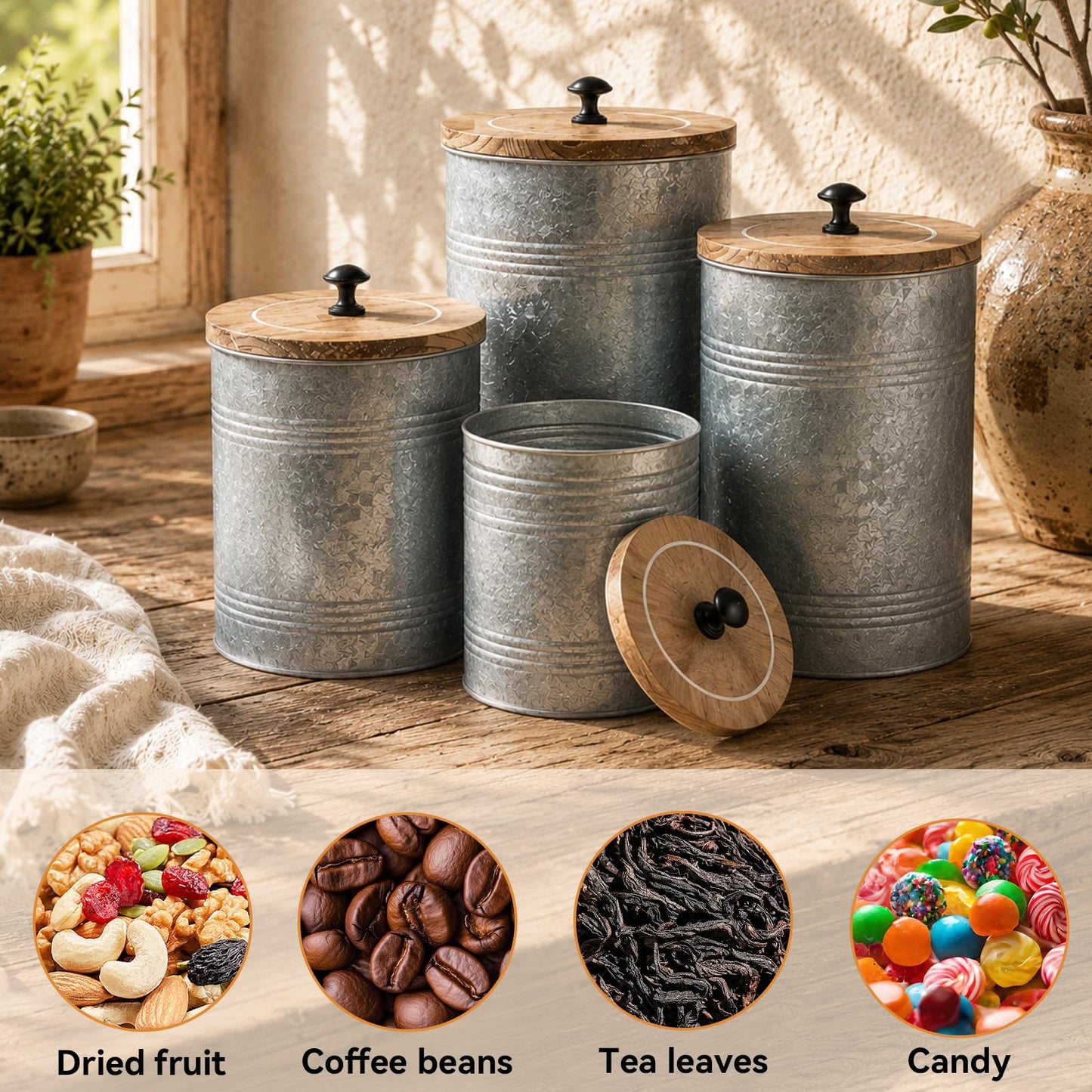MODE HOME Galvanized Metal Kitchen Canister Set of 4 with Wooden Lids, Rustic Farmhouse Storage Buckets with Spangle Finish for Coffee, Tea, Snacks, Herb Planters & Beverage Tubs