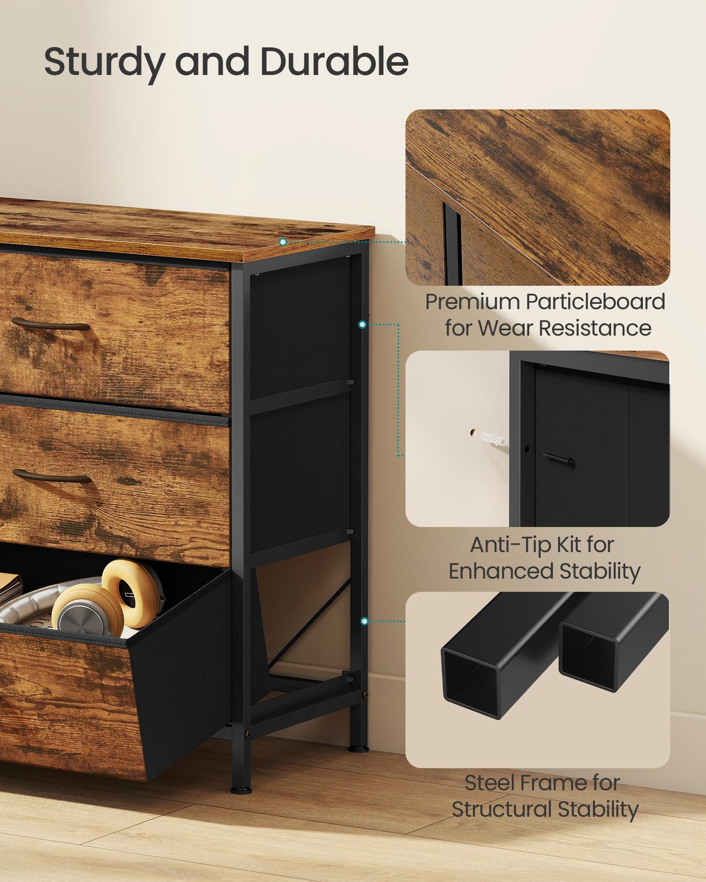 SONGMICS BELLAH Collection - Dresser for Bedroom, TV Stand for TVs Up to 70 Inches, Chest of Drawers for Living Room, Closet, Steel, 9 Drawers, Industrial, Rustic Brown and Ink Black ULGS233KD02S