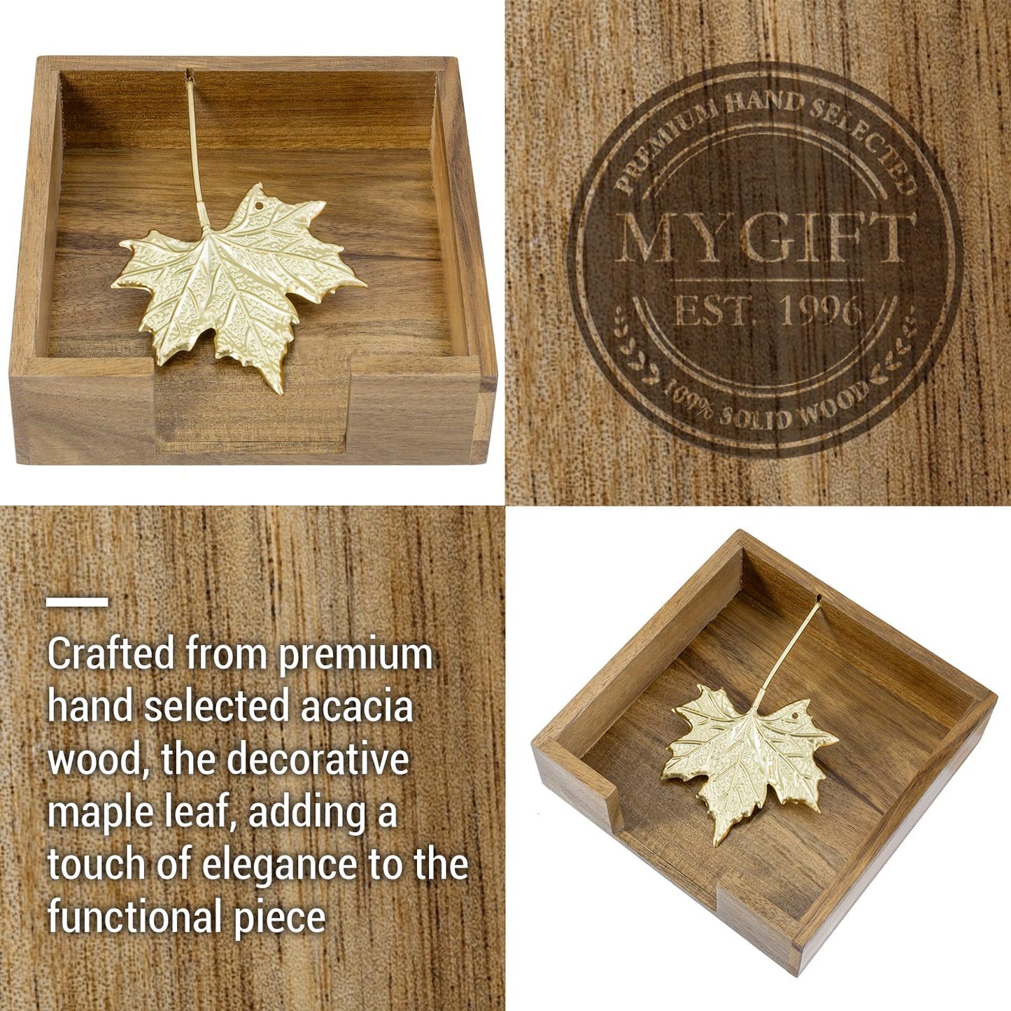 MyGift Premium Acacia Wood Tabletop Napkin Holder – Rustic Square Napkin Dispenser with Decorative Maple Leaf Weighted Arm for Kitchen or Dining Table