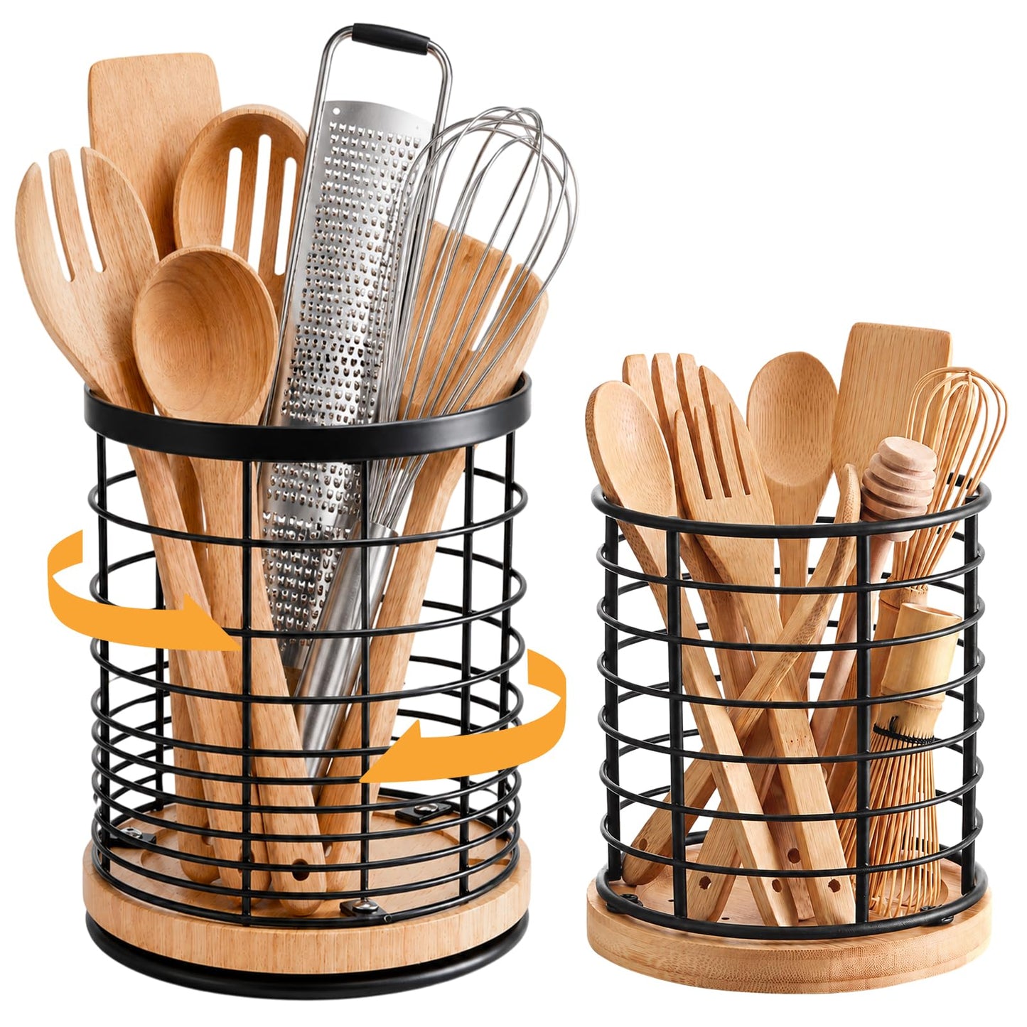 Domensi 360° Rotating Kitchen Utensil Holder Set of 2, Large & Small Bamboo Metal Utensil Crock for Countertop, Kitchen Organizer for Spatula, Spoon & Cooking Tools, Stable Base, 7.2" & 5.9"