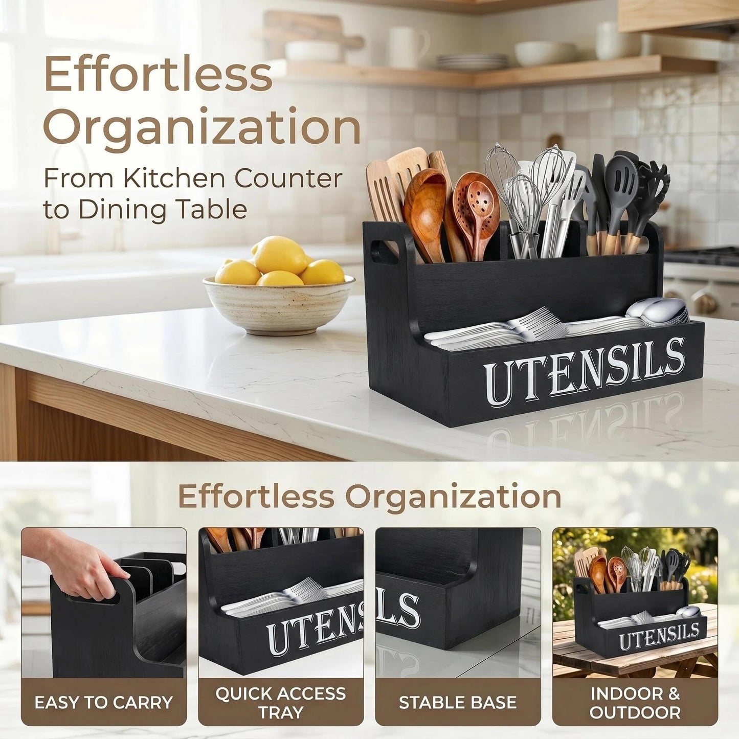 SHAXIXI Wooden Utensil Holder Kitchen, Country Style Cutlery Holder With Drainage Holes In The Bottom (Black)