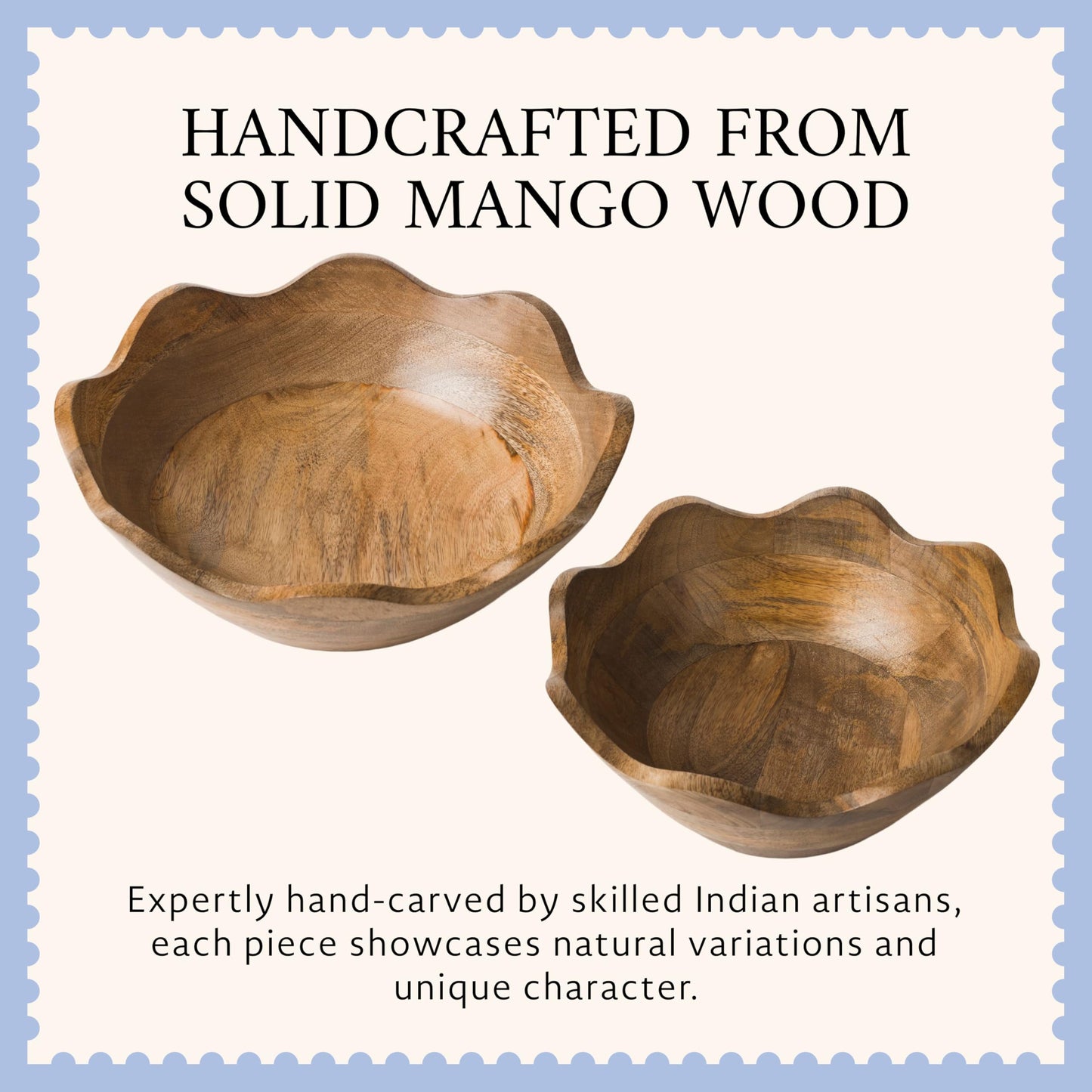 Mela Artisans 10 & 12 in Scalloped Acacia Wood Salad Bowl Set – Decorative Serving Bowls and Wooden Fruit Bowls with Natural Finish for Pasta, Bread & Kitchen Table Decor