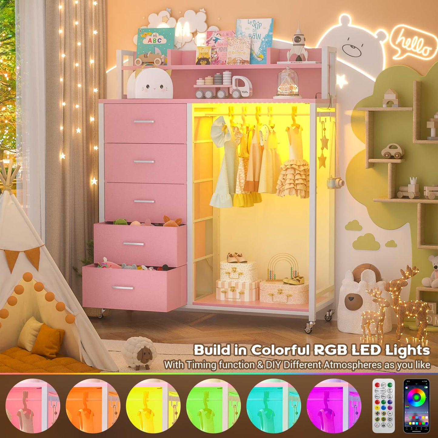 Cyclysio Clothes Rack with 5 Drawers and Shelf, Garment Rack with Charging Station & LED Lights, Fabric Chest Shelves Clothing Hanging Rack, Wooden Portable Wardrobe Closet