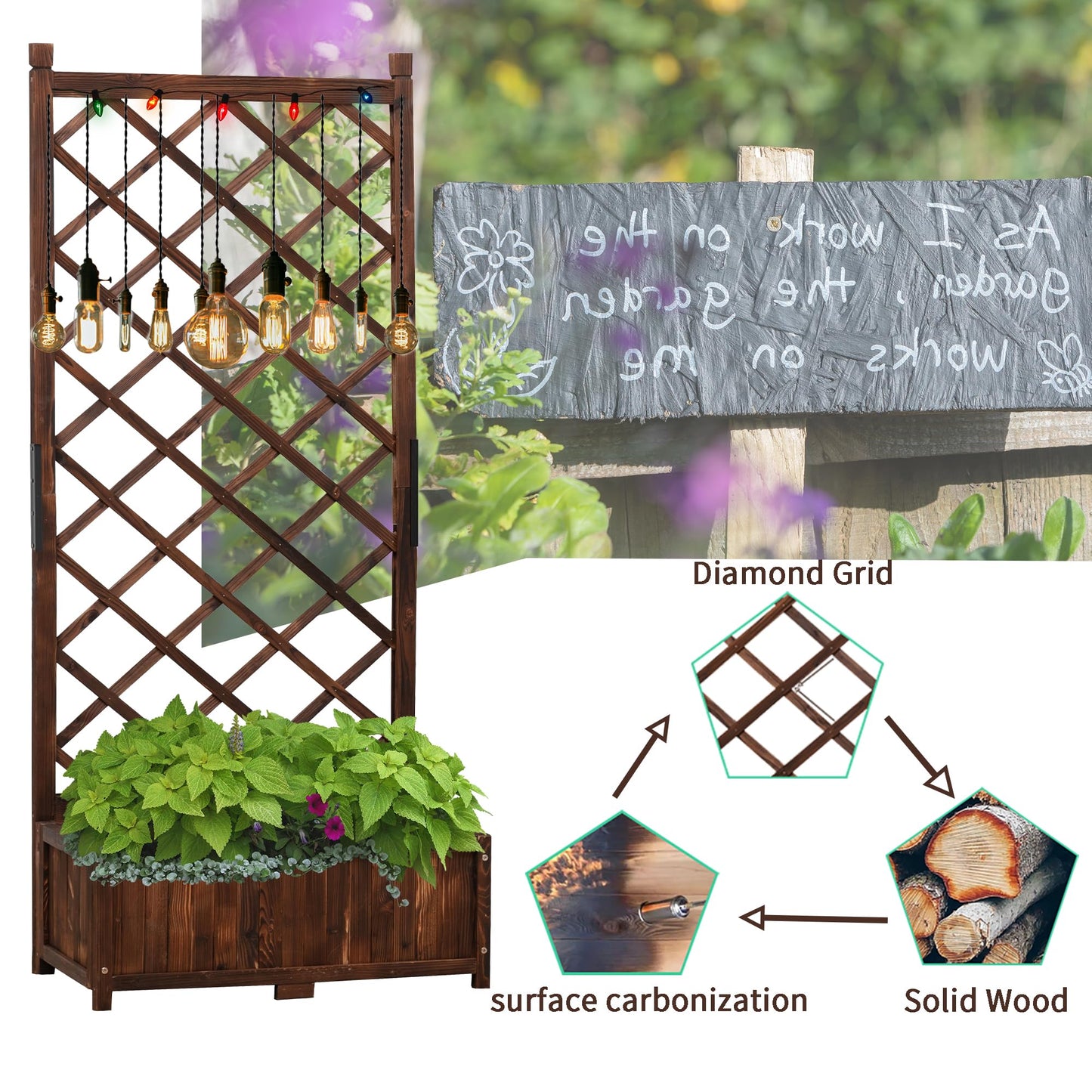 Anraja Raised Garden Bed with Trellis Wooden Flower Standing Planter Box Outdoor Wood Compact Lattice Panels Privacy Screen for Climbing Plant Planting Patio Tomato Vegetable Herb Balcony Porch 67" H