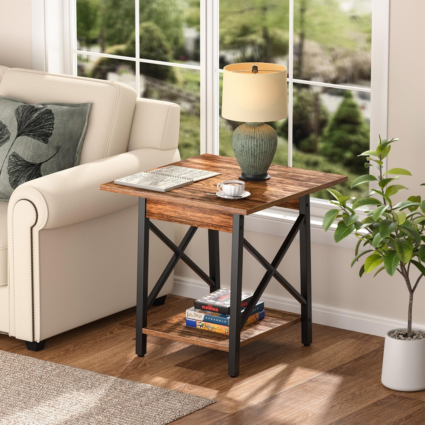 GreenForest Square End Table for Living Room, 24 Inch Large Side Table with X-Frame, Farmhouse Tall Bedside Nightstand with 2-Tier Storage Shelf, Rustic Walnut