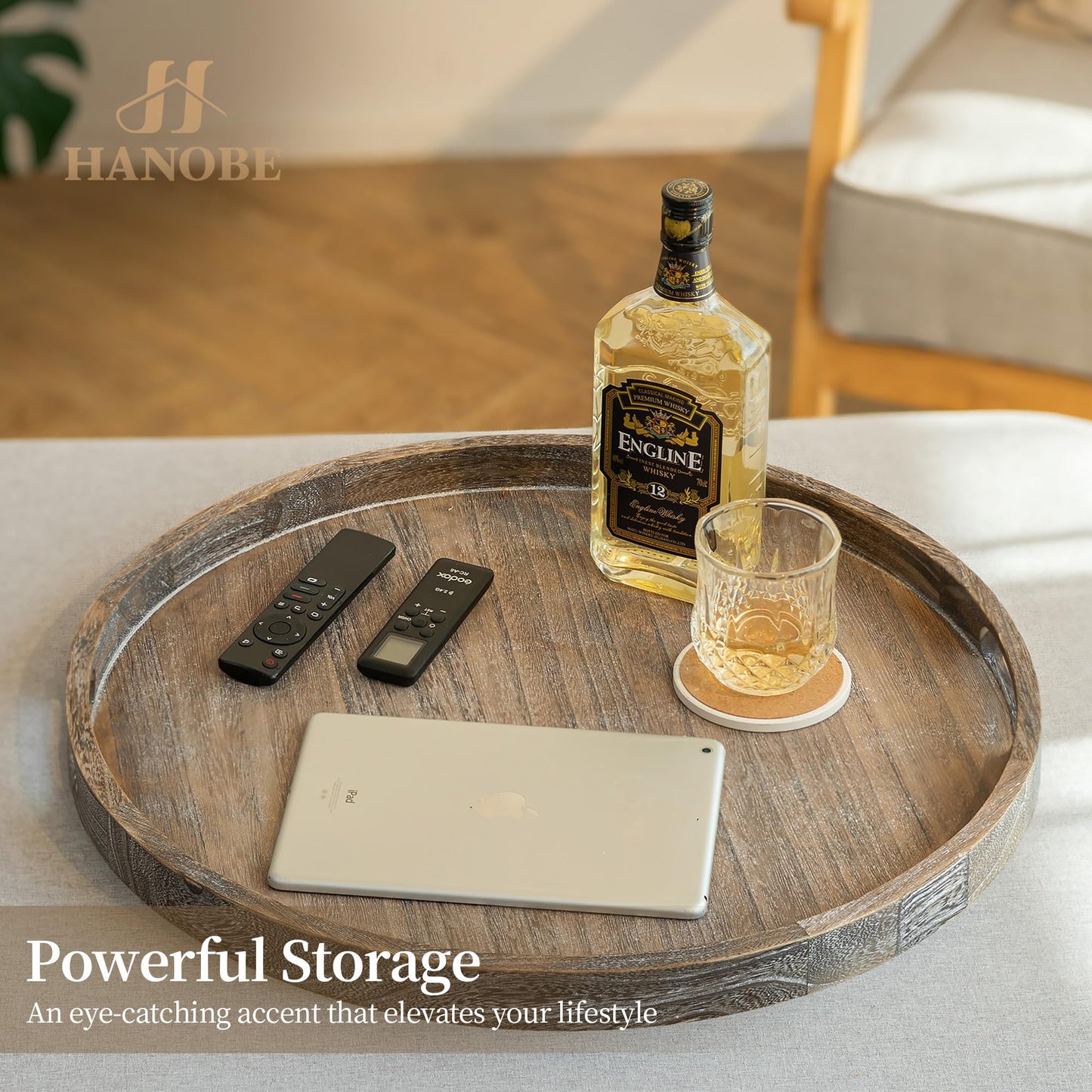 Hanobe Ottoman Tray for Living Room: 22" Decorative Wooden Trays with Handles for Living Room Home Decor Farmhouse Rustic Round Topper for Coffee Table
