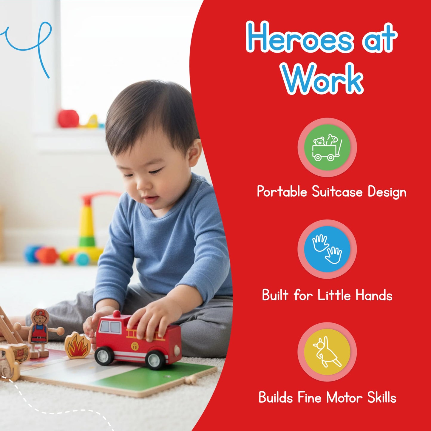Jack Rabbit Creations Fire House Suitcase Playset - Wooden Fire Station Playset, 15 Pieces - Ages 3+