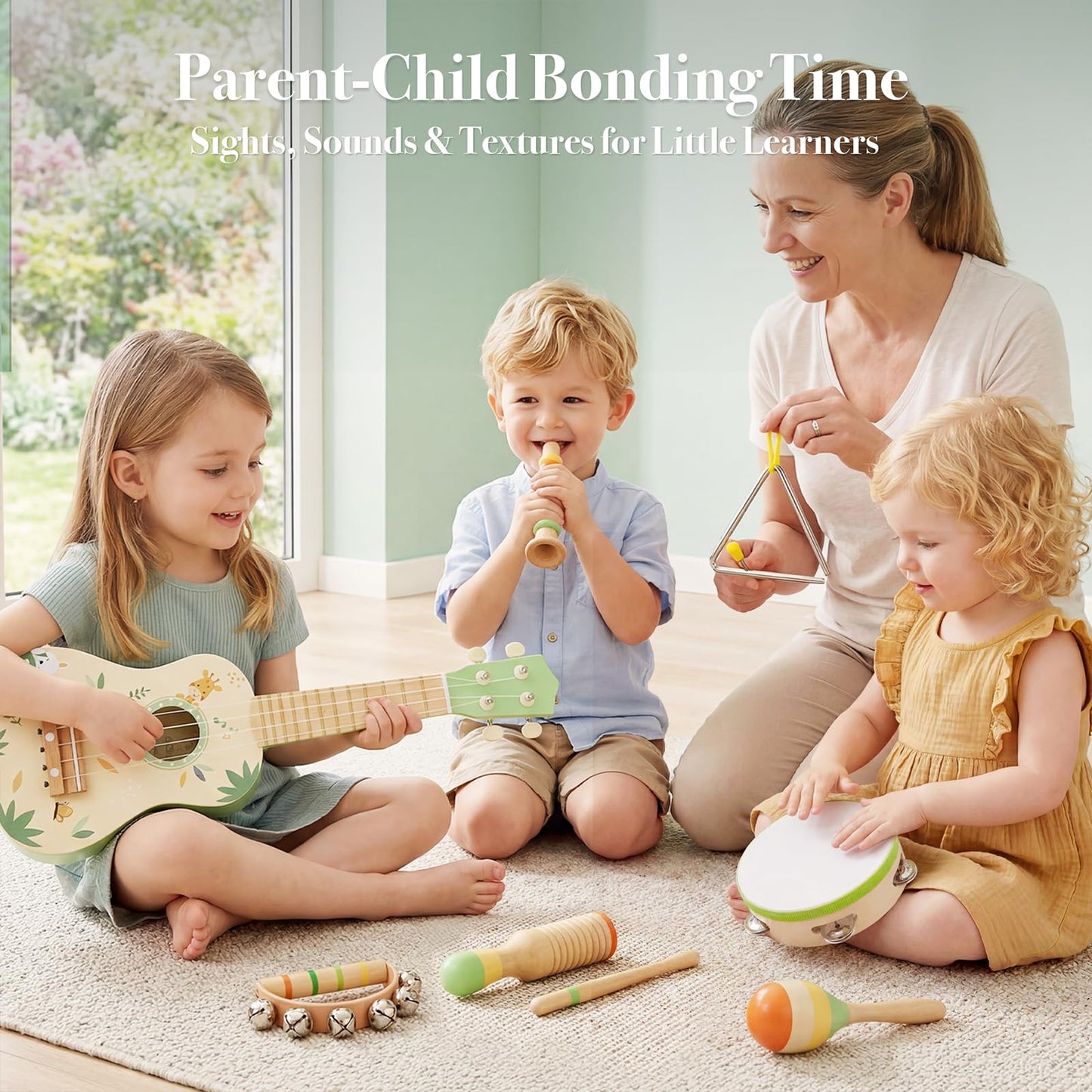 Toddler Guitar Set, 7-in-1 Wooden Baby Musical Instruments Band Includes 17" Ukulele, Maracas, Drum, Trumpet & More - Perfect Toy for Kids Ages 1-5, Ideal Gift for First Birthday Christmas