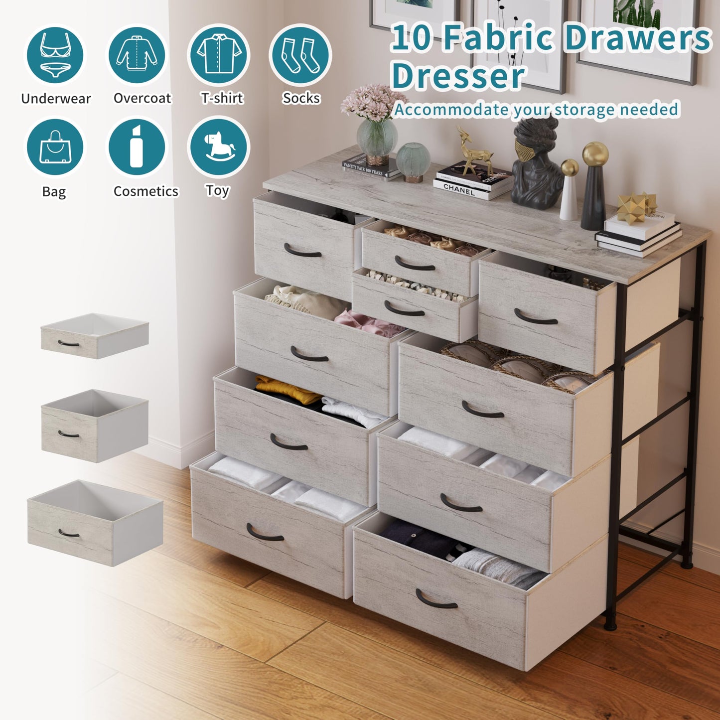 LUMTOK 10-Drawer Dresser, Fabric Storage Tower with Drawers for Bedroom, Dresser Drawer with Handle for Bedroom, Living Room, Hallway, Closets & Nurseryteel Frame, Wood Top (10 Drawer/Greige)