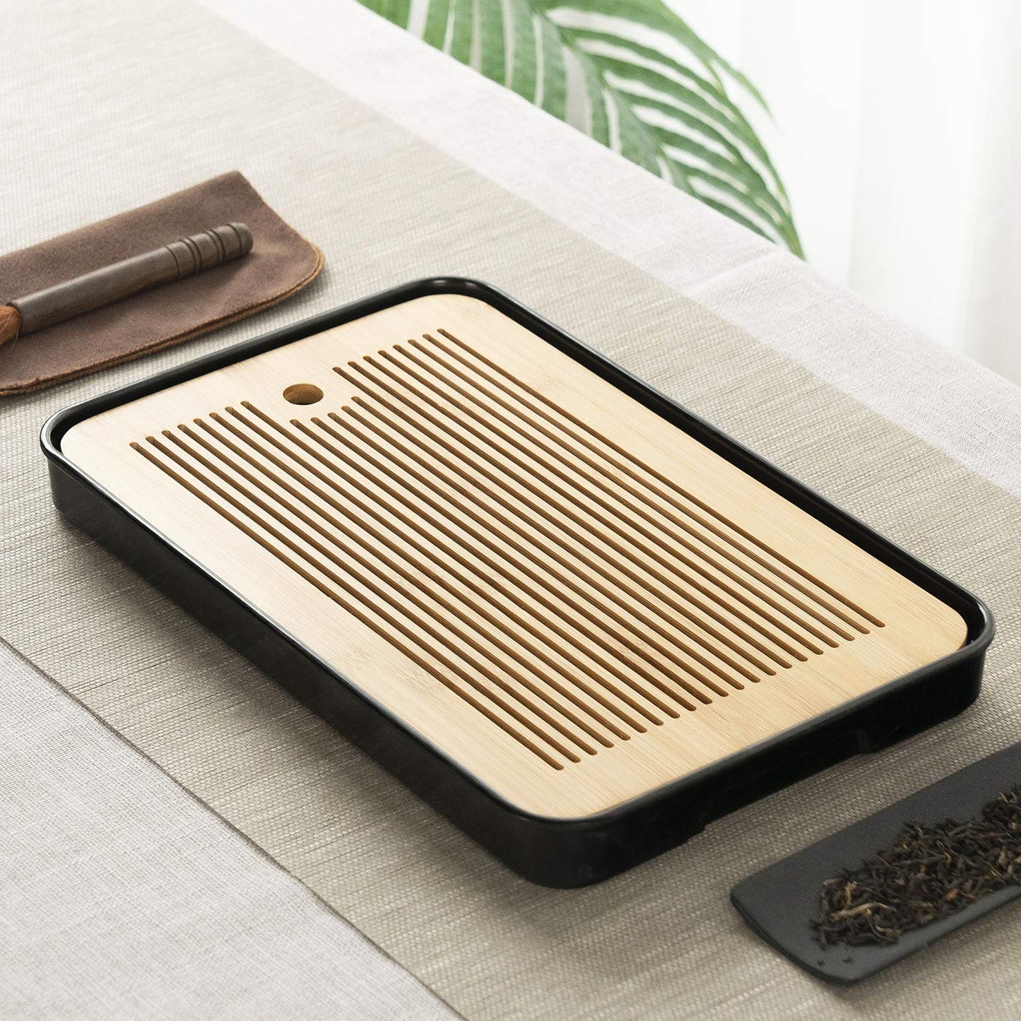 14 Inch Bamboo Chinese Gongfu Tea Tray Table Box with Water Storage for Kungfu Tea Set (Style 5 Black)