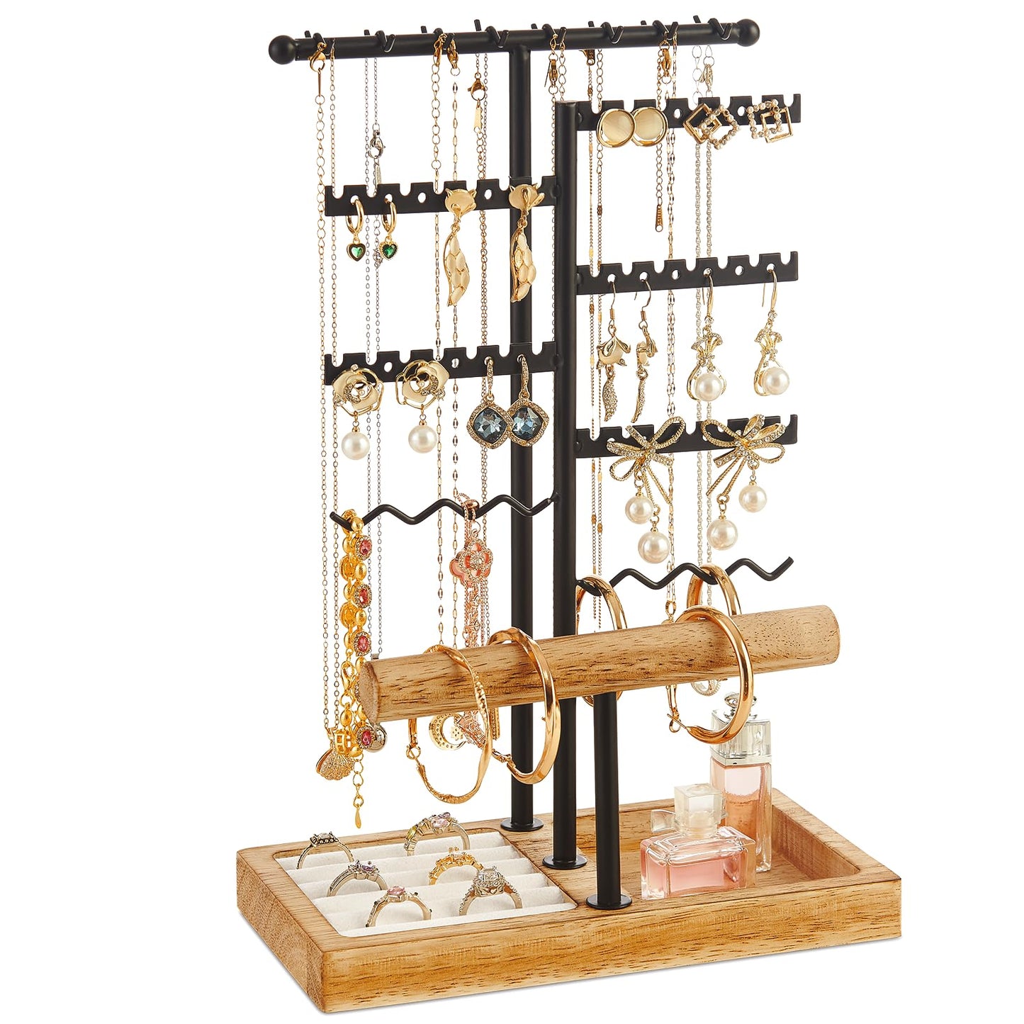 Poyilooo Earring Holder Jewelry Stand, 3 Tier Jewelry Organizer with Ring Holder Tray for Necklace Earring Keychains Bracelet Rings Display Jewelry Tree Stand (Carbonized Brown)