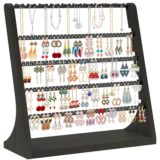 MODOWEY Earring Holder Organizer and Necklace Display Stand, Countertop Wooden Tree Rack for Stud Pierced Dangle Bracelet Storage, 5 Tier 20 Hooks Large Capacity Metal Jewelry Hanger for Women, Black