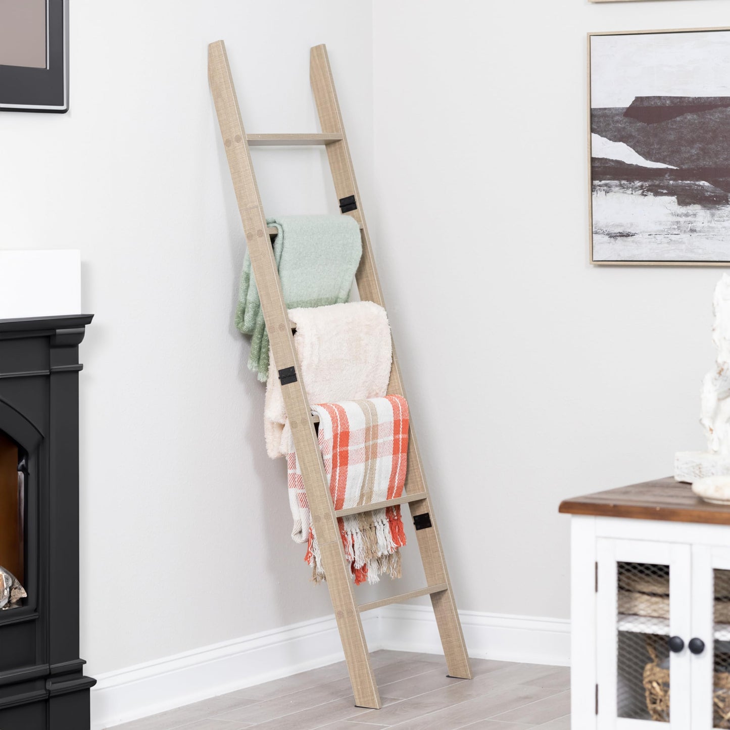 Blanket Ladder for Living Room and Bedroom, 5ft 8 inch, 6-Tier Wall Leaning Laminate No-Snag Construction (Smokey Oak) Rustic Decorative Farmhouse Blanket Storage, Quilt Rack, Ladder Shelf