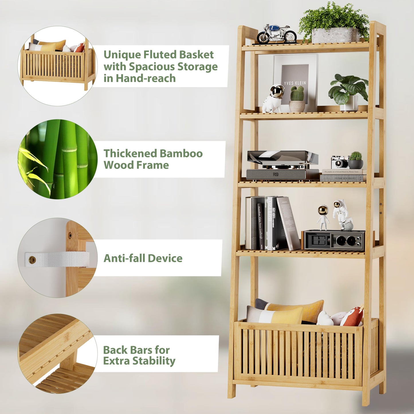 Bamjoy Bamboo Ladder Shelf, Bookshelf with 4 Display Shelves and 1 Open Storage Basket, Multifunctional Storage Rack Organizer for Home Office, Bedroom, Living Room, 66” H Natural