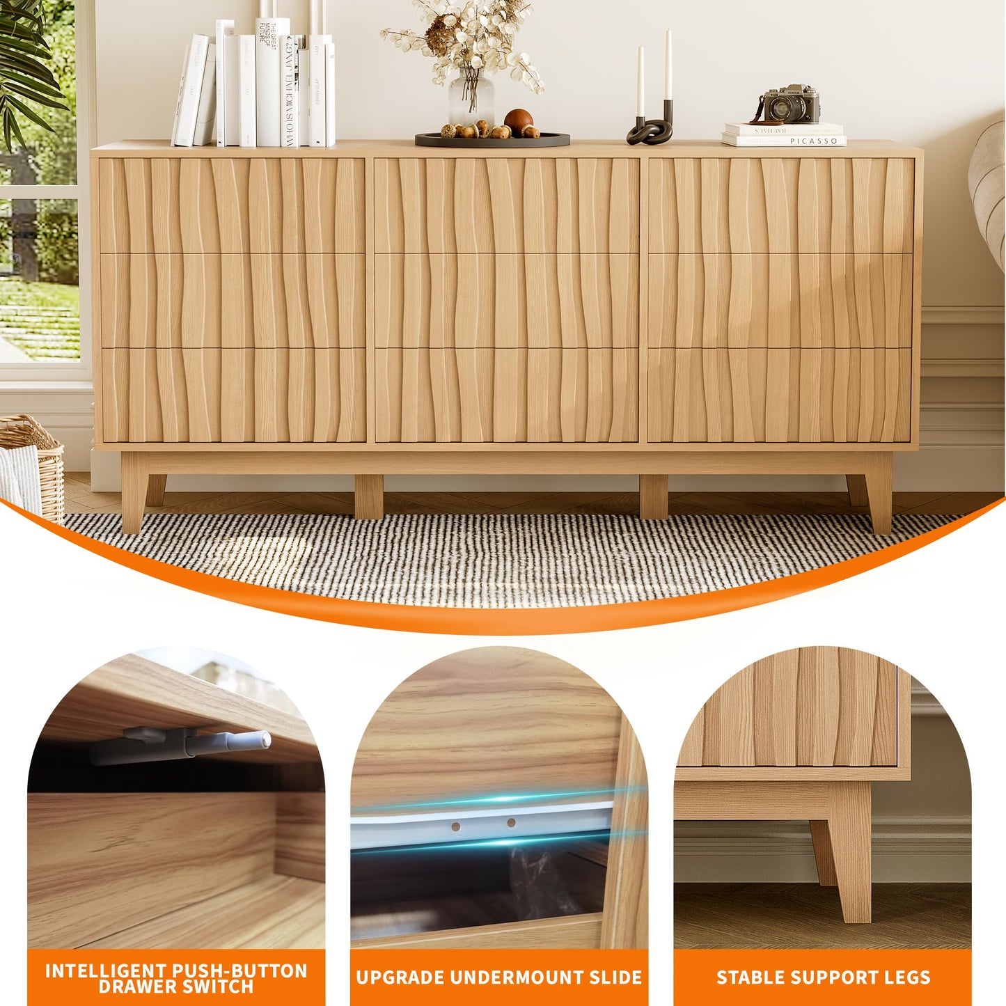 IDEALHOUSE Modern Fluted Dresser with 9 Drawers - Freestanding Wooden Storage Cabinet, Chest of Drawers for Bedroom for Living Room, Entryway, Hallway