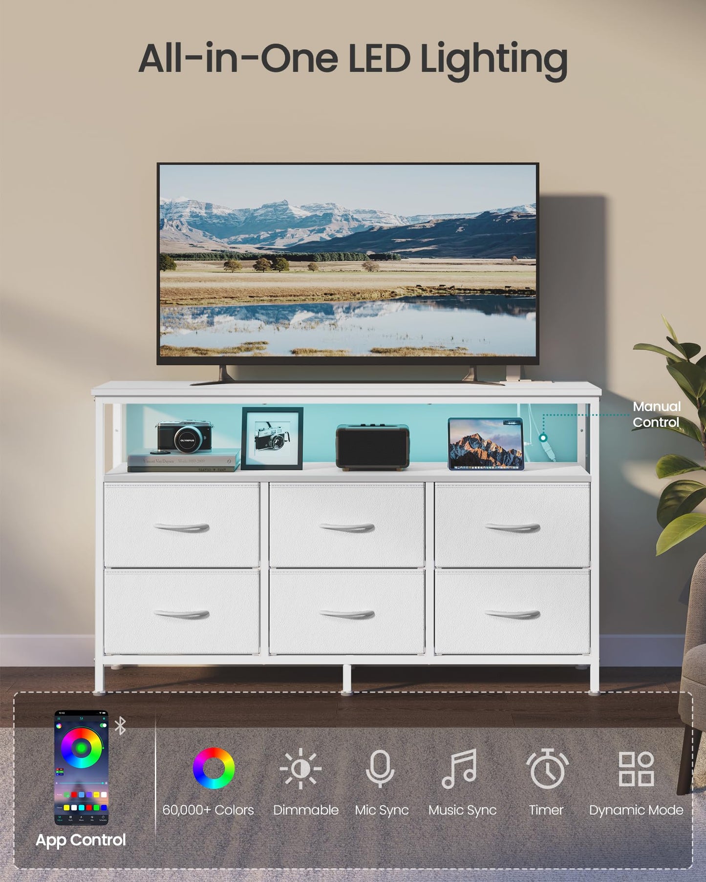 SONGMICS BELLAH Collection - Dresser for Bedroom, Chest of Drawers, TV Stand for TVs Up to 55 Inches, Living Room, Closet, 6 Drawers and 1 Shelf, Modern, Cloud White ULGS833WH02S