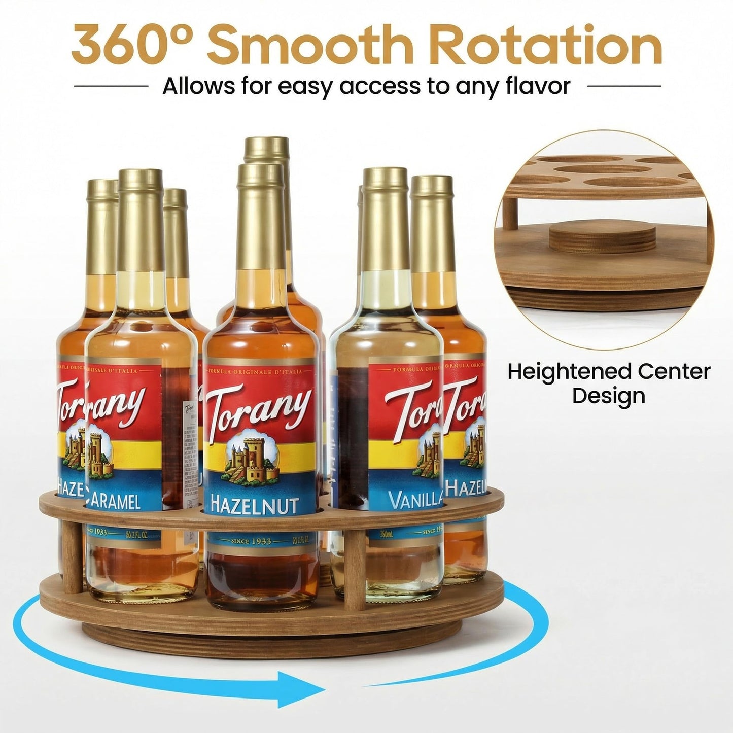 THYGIFTREE Rotating Coffee Syrup Organizer for Countertop, 9-Bottle Wooden Syrup Rack & Bottle Holder for Coffee Bar Station, Turntable Display Stand, Brown