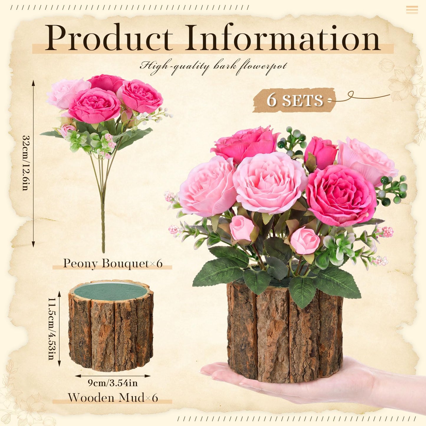 Domensi 6 Sets Wedding Floral Centerpiece for Table Decor Artificial Peonies Silk Flowers Bouquet with Flower Foam and Wooden Vase Faux Floral Arrangement for Bridal Shower Woodland Party(Rose,Pink)