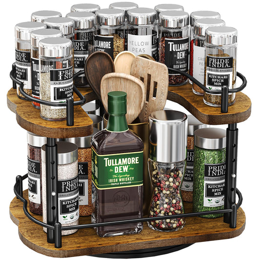 Lazy Susan Organizer Spice Rack - Spice Organization for Cabinet Height Adjustable Rotating Lazy Turntable, Pantry Kitchen Wood Revolving Seasoning Organizer (Vintage, 12 Inch)