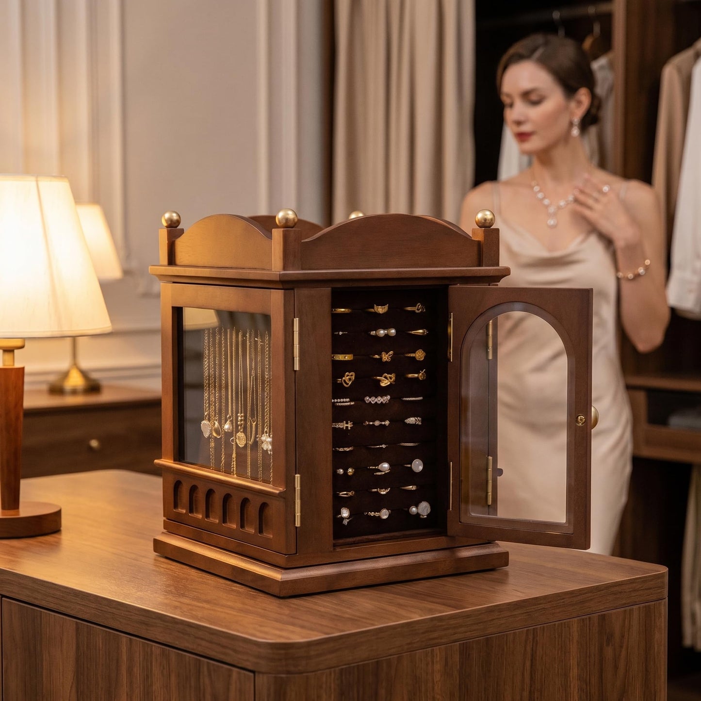 GuaziV Wooden Jewelry Organizer for Women, 360° Rotating Jewelry Box with 4 Drawers, Necklace & Ring Holder, Tangle-Free Jewelry Storage Cabinet for Vanity and Bedroom