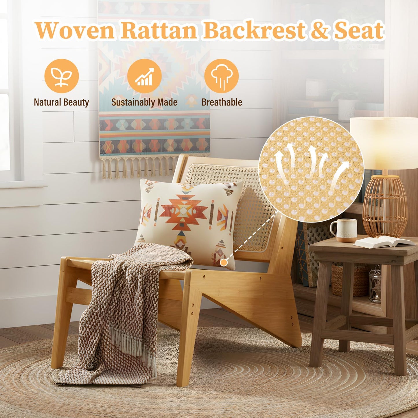 Furlide Rattan Accent Chair for Living Room, Mid Century Side Chair, Comfy Bamboo Chairs for Bedroom Reading Room, Wood