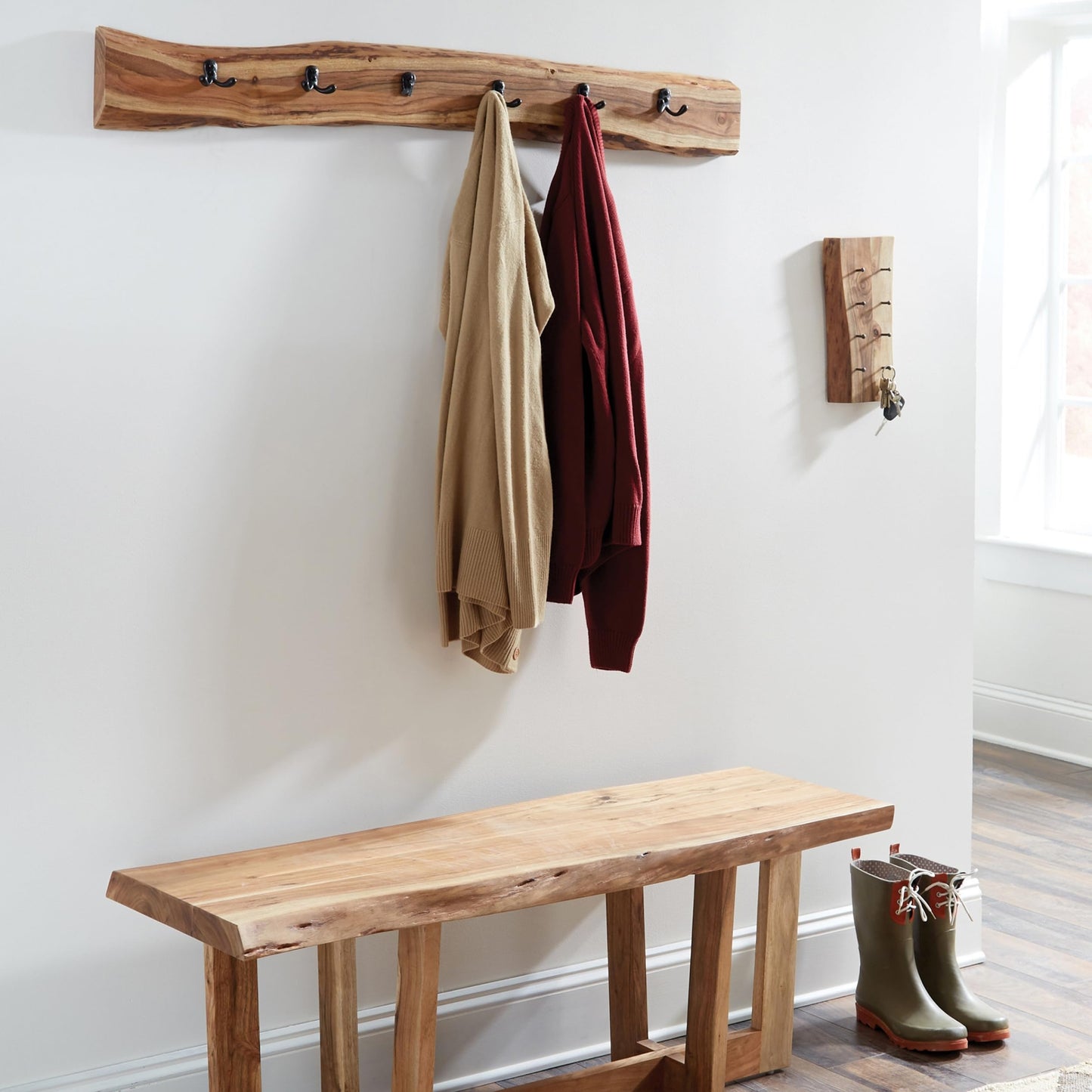 Alaterre Furniture Alpine Natural Live Edge Wood Coat Rack – 48 Inch Solid Wood Wall-Mounted Coat Hook with 6 Double Hooks – Modern Farmhouse Storage Organization for Entryway, Hallway, or Mudroom
