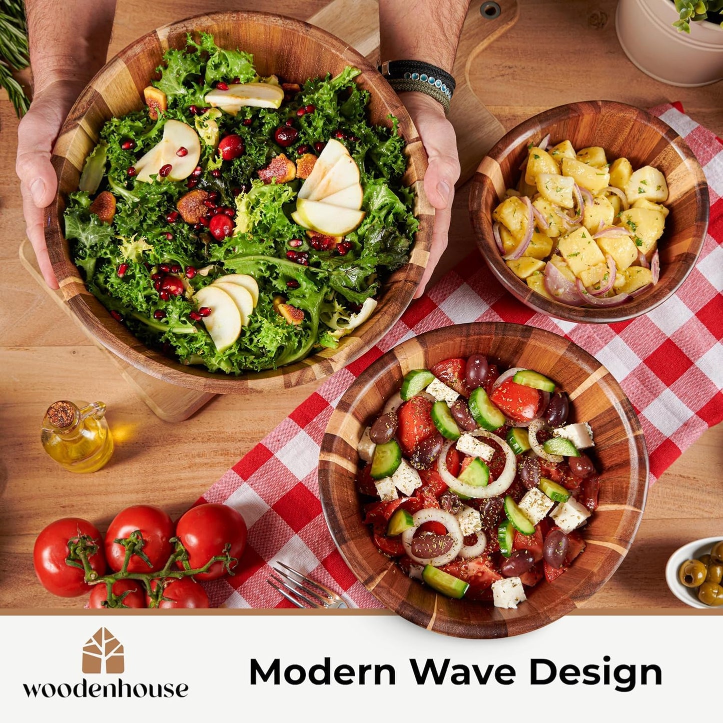Woodenhouse Wooden Salad Bowl Set, Salad Bowls Set of 3 - Wavy Design Salad Bowl Set for Serving, Handmade, Durable and Stylish Natural Wood Dining Accessory