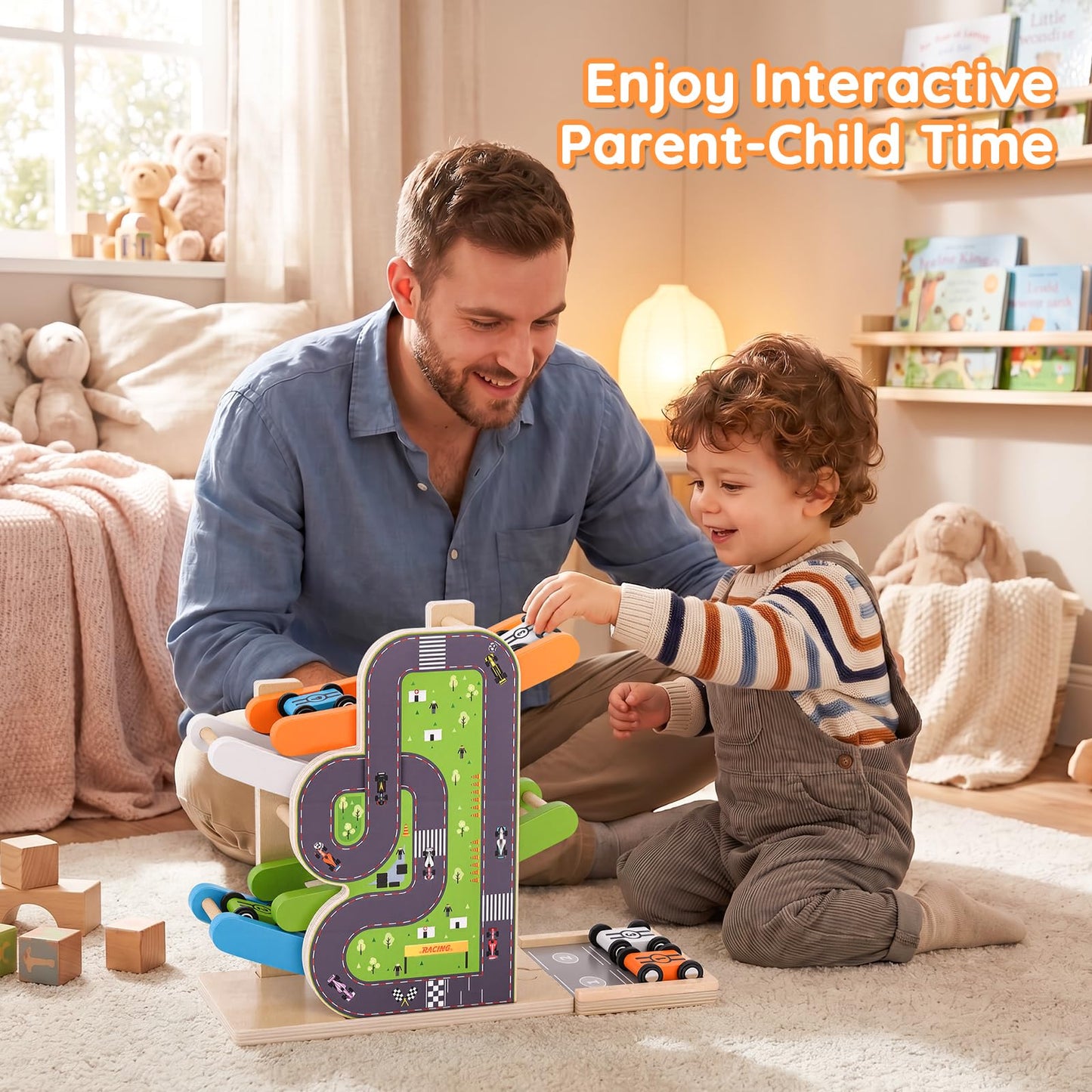 Busy edition Car Ramp Toys for 1 Year Old Boy Gifts, Montessori Toys for 1 Year Old, Wooden Race Car Track for Toddlers 1-3, Toy Cars Ramp with 4 Mini Cars & Parking Lots, 1st Birthday Gifts Boy