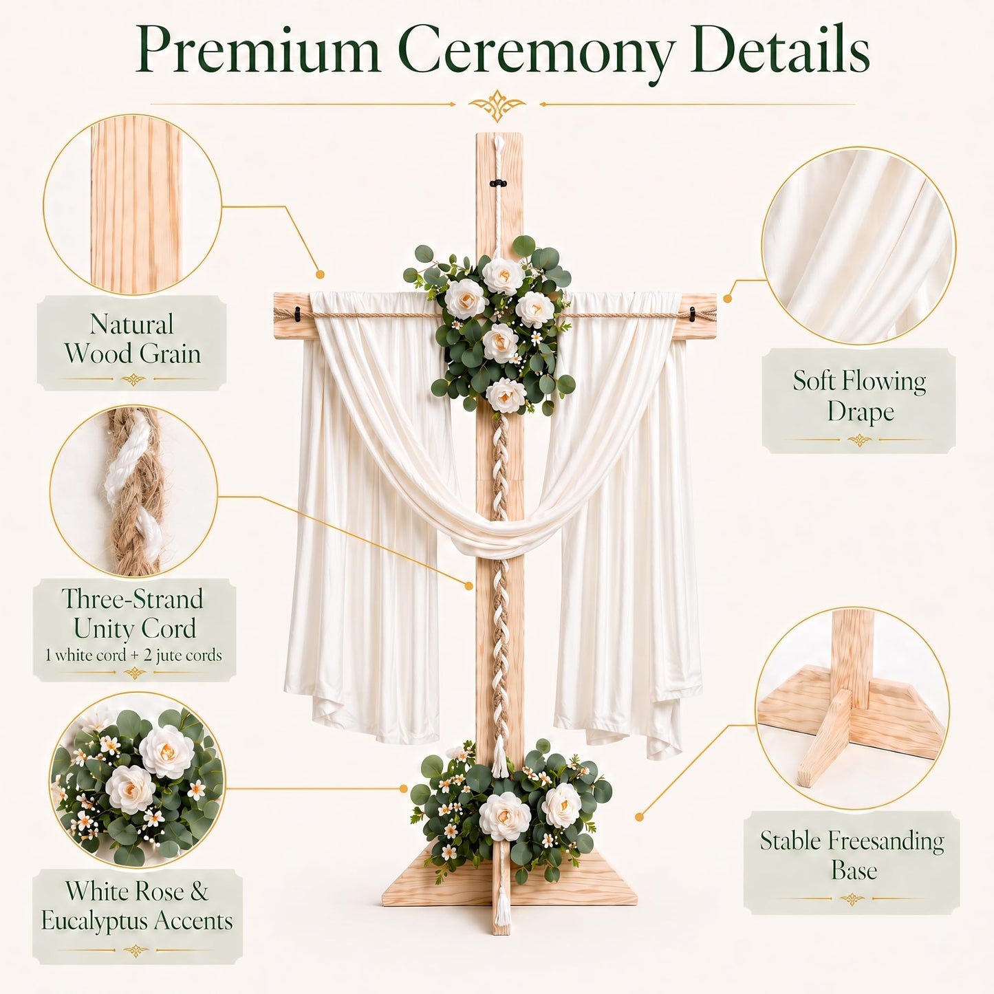 71 Inch Wedding Large Wood Cross, A Cord of Three Strands Wedding Ceremony Sign – White Chiffon Drape, Rose Flower Swags, Large Standing Christian Altar Cross for Outdoor Indoor Ceremony and Reception (White)