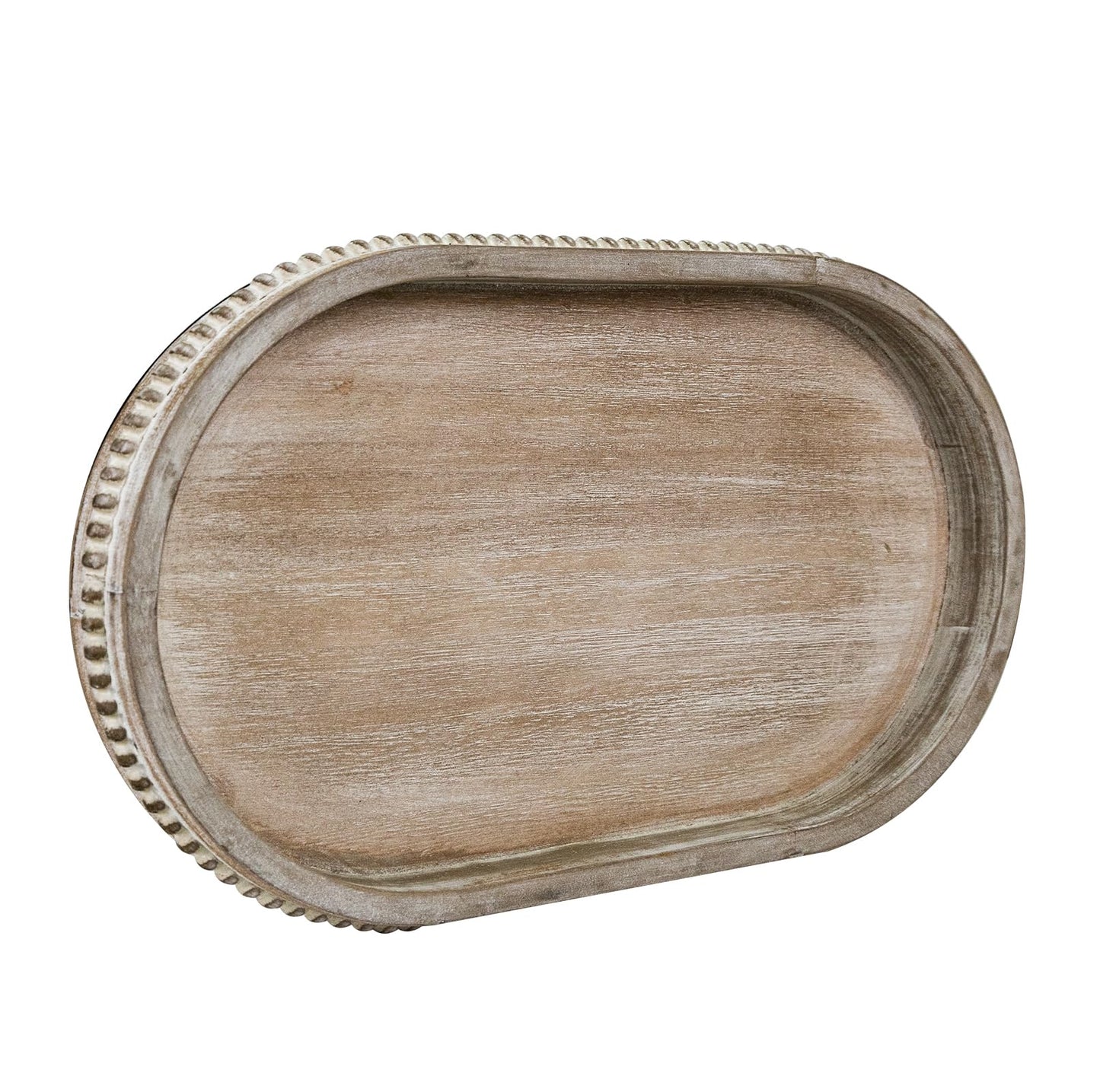 MAONAME Wood Serving Tray, Farmhouse Wooden Tray for Coffee Table, Oval Beaded Trays, Washed White Decorative Trays for Living Room, Kitchen, 15" X 9" X 1.2"