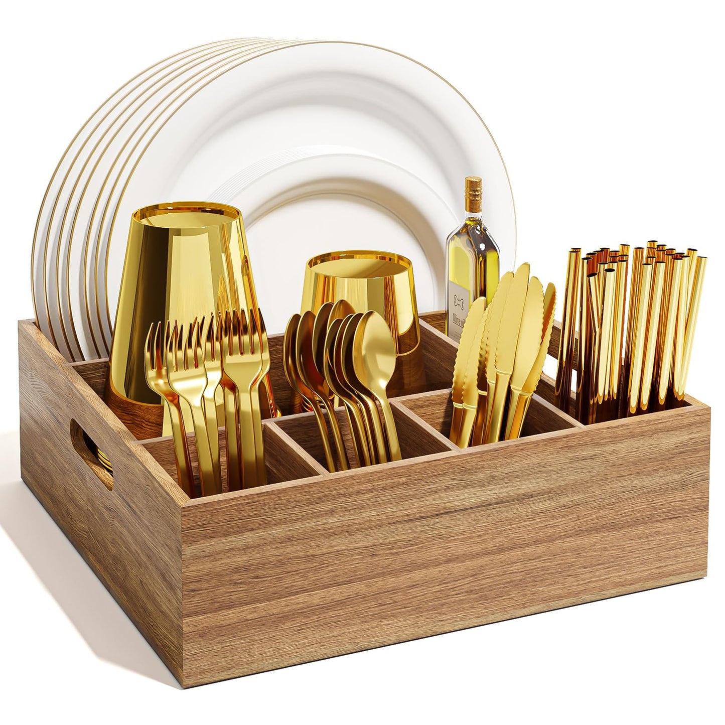Acacia Wood Utensil Holder for Party, Paper Plate and Utensil Holder Caddy for Countertop, Kitchen Silverware Organizer Dispenser for Spoon, Napkin, Cup, Cutlery Holders for Outdoor, Camping, Picnic