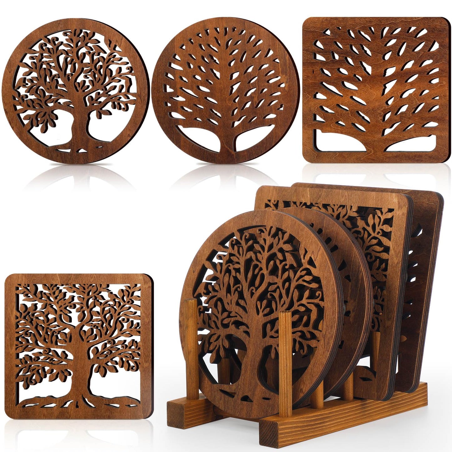 Beeveer 5 Pcs Life Tree Wooden Trivets with Storage Rack Hot Pads Trivets for Hot Dishes Pots and Pans Heat Resistant Mat Set Tea Pot Holders for Kitchen Dining Table(Dark Wood)