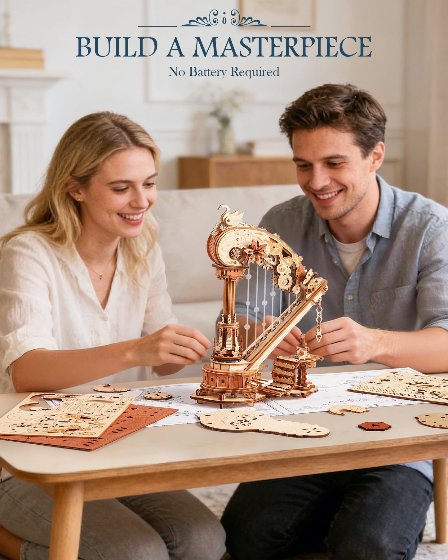ROKR 3D Wooden Puzzle Harp Music Box, Building Model Kit with Mechanical Movement, Gift for Adults Women, Elegant Home Decor for Desk & Shelf