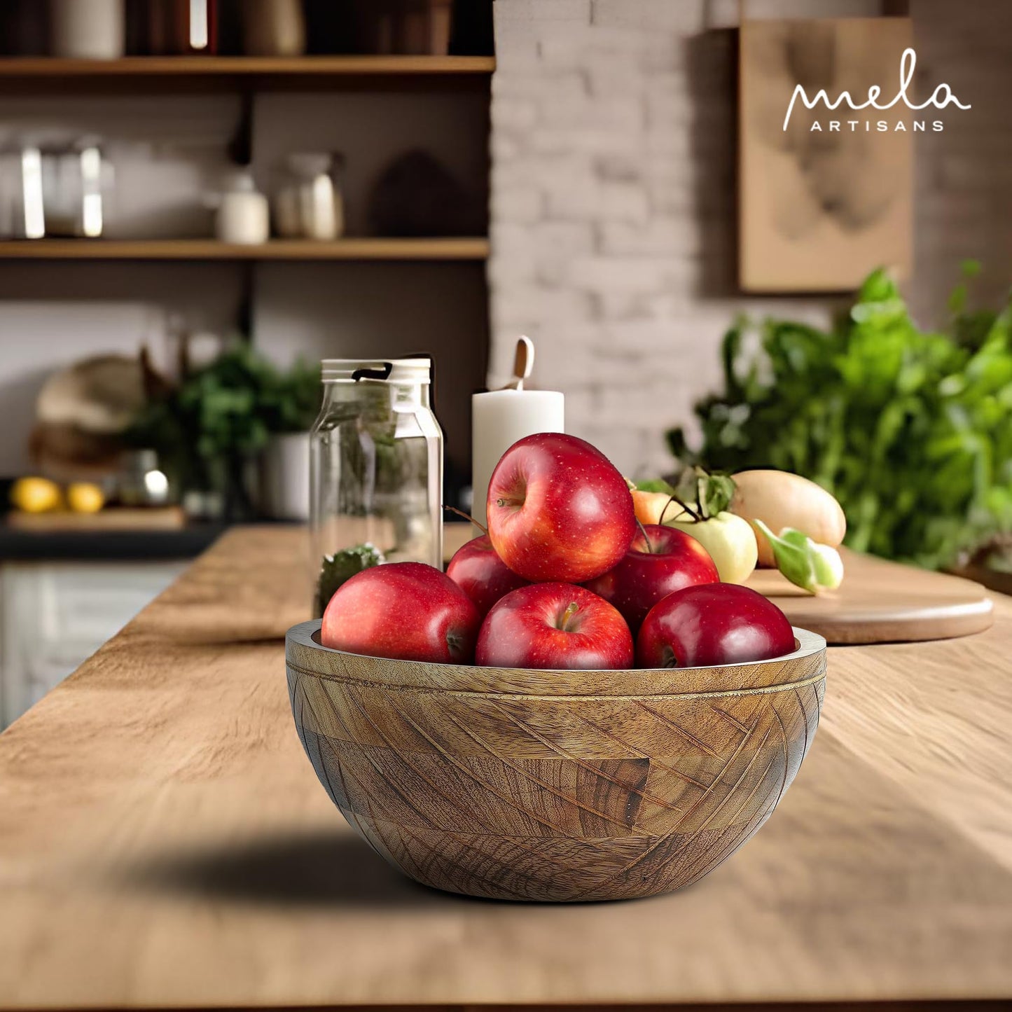 Mela Artisans 9 in Wide x 4 in Tall Mango Wood Bowl with Felt Pads – Hand-Carved Decorative Serving and Fruit Bowl with Light Burnt Finish for Kitchen Counter, Salad, Snacks and Bread