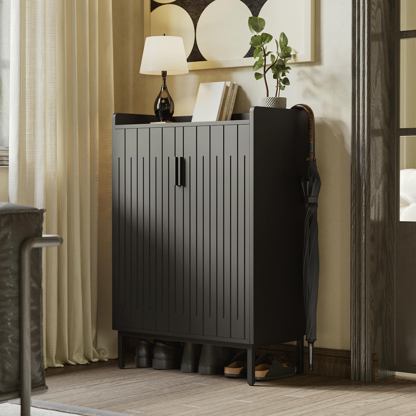 Mericonia Modern Shoe Cabinet with Metal Legs, Farmhouse Large 5-Tier Shoe Storage Cabinet with Doors, Wooden Shoe Organizer for Entryway, Hallway, Bedroom, Living Room (Modern Shoe Cabinet, Black)