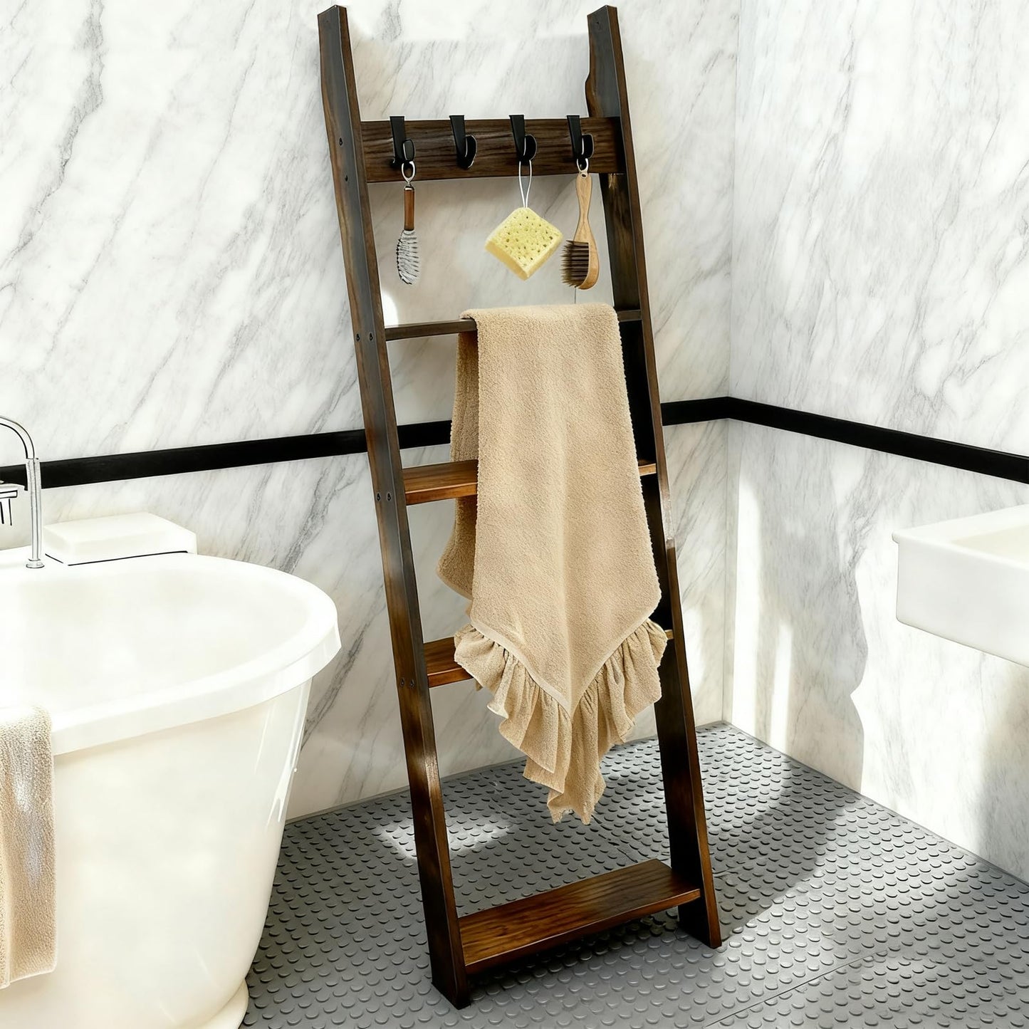 GUVIBAYB 50 Inch Towel Stands - 4-Tier Rustic Wooden Towel Holder, Standing Bathroom Towel Rack with 4 Hooks for Bathroom
