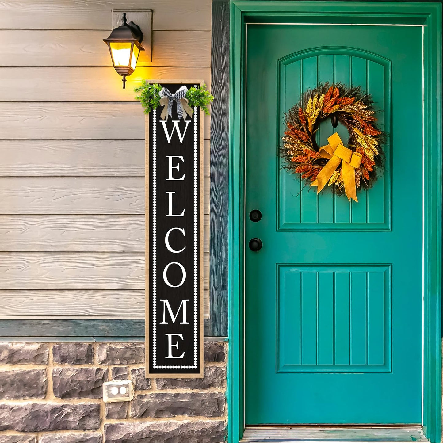 Aurapeak Welcome Sign for Front Porch Door Standing, Outdoor Large Wooden Home Rustic Farmhouse Yard Vertical Hanging Modern Entryway Plaques Outside Decorations (45"X9" Wood Black)