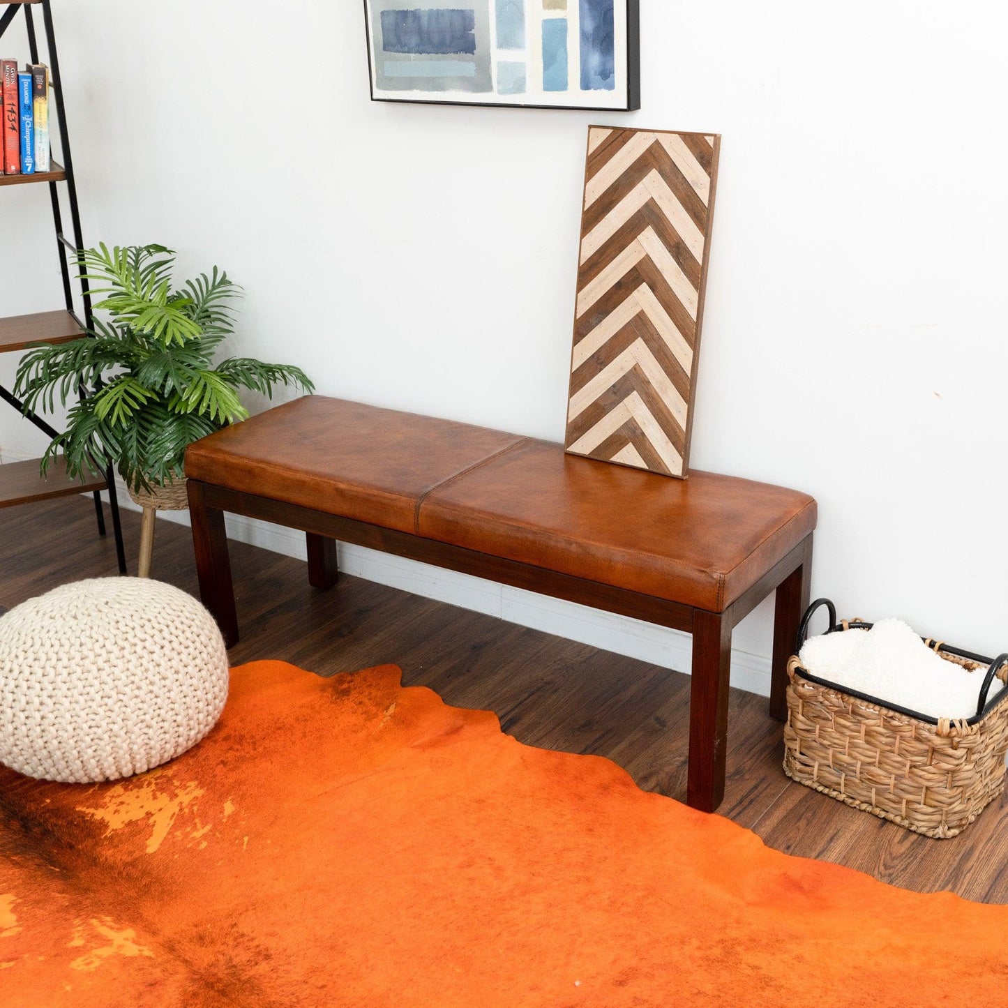GDFStudio Mid-Century Modern Entry Bench, Tan Genuine Leather Rectangle Ottoman with Solid Wood Legs, Upholstered Dining Room Bench for Bedroom Living Room Hallway Indoor Home Furniture, Brown