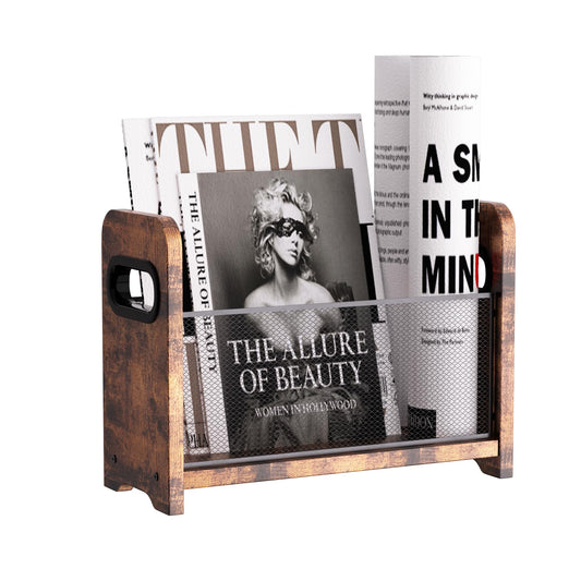 ASIFMTHOT Wood Magazine Holder & Rack - Retro Brown Mesh Storage Basket for Books, Newspapers, Files - Desk/Floor Organizer