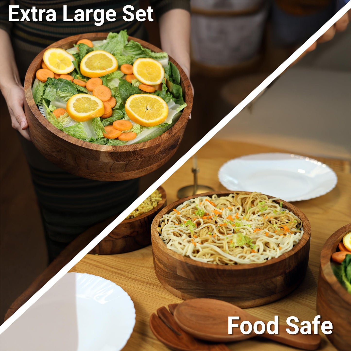 Wooden Acacia Round Bowl Set of 3 (12″,10″,8″), Wooden Salad Bowls-Multi-Purpose, Kitchen, Dining, Serving Food, Salads, Fruits - Handmade, Decorative, Rustic, Eco-Friendly, Food-Safe, Wood Serveware