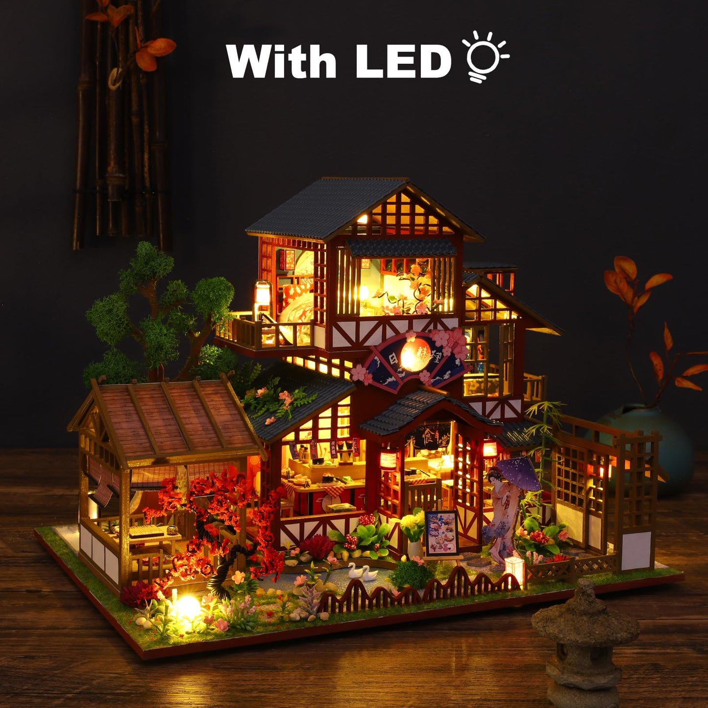 Hallisun DIY Miniature House Building Kits, Japanese Restaurant and Momo Tea House 3D Wooden Dollhouse Toys, Birthday Festival Gift for Teens Adults with Dustproof Covers