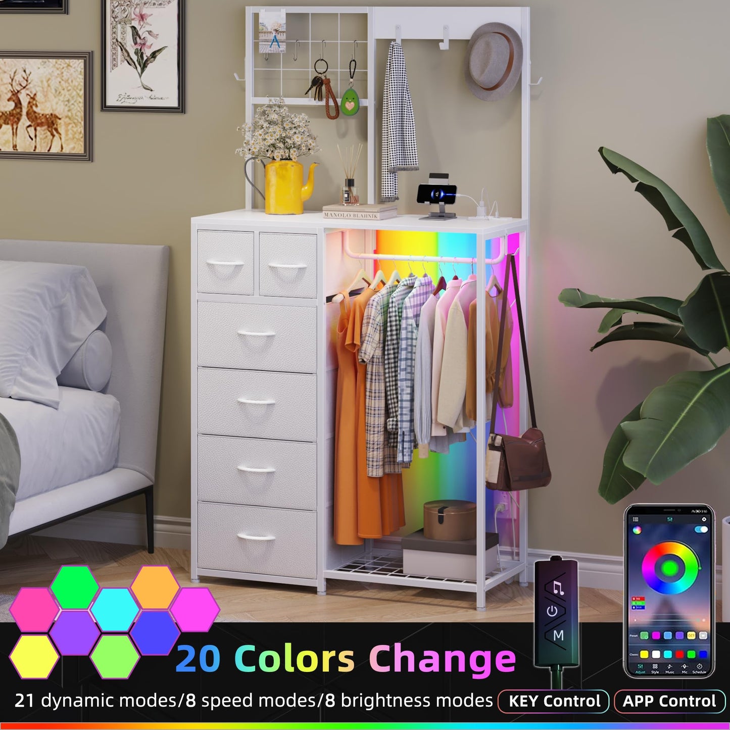 YAOHUOO Dresser with Hanging Rack, 6 Drawers Dresser with Charging Station, LED Light, Clothes Rack, Shoe Racks and Side Hooks for Entryway, Bedroom, White