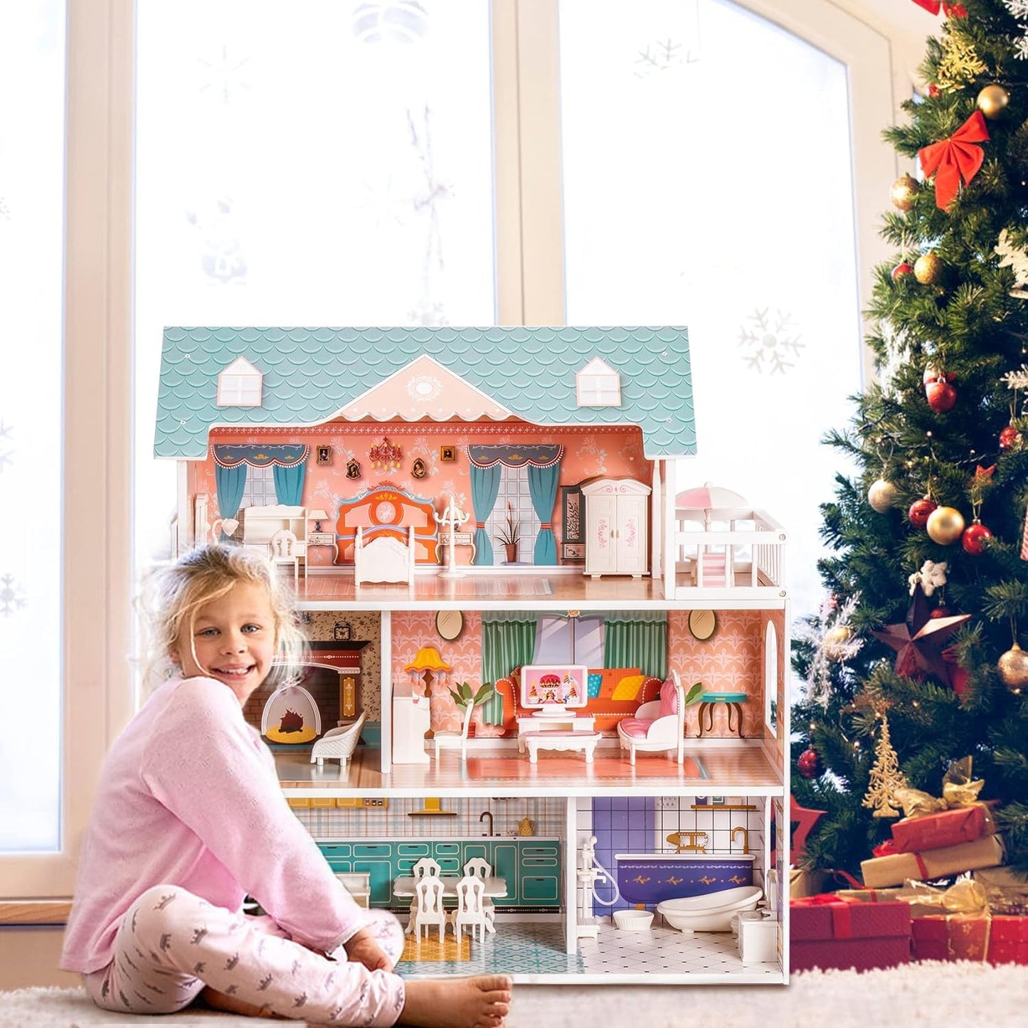 ROBUD Wooden Dollhouse for Kids Girls, Toy Gift for 3 4 5 6 Years Old, with Furniture Blue