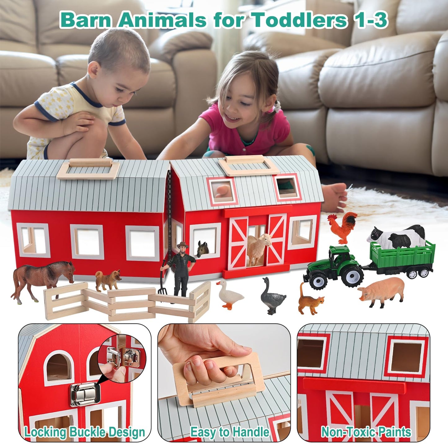 WoodTrove Wooden Barn Toys, Play Barn with 12 Animal Play Figures for 3+ Years Old, Toy Barn and Farm Animals，Wooden Barn Playset for Christmas Birthday Gift for Boys Girls