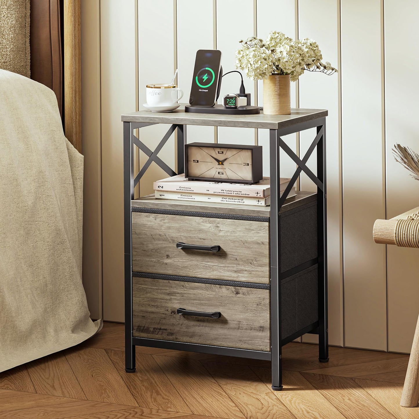 Huuger Nightstands Set of 2, Night Stand with Charger Station, 2 Drawer Side Table with Open Shelf, USB-C Port, End Table for Small Spaces, X Shaped Side Rail, Oak