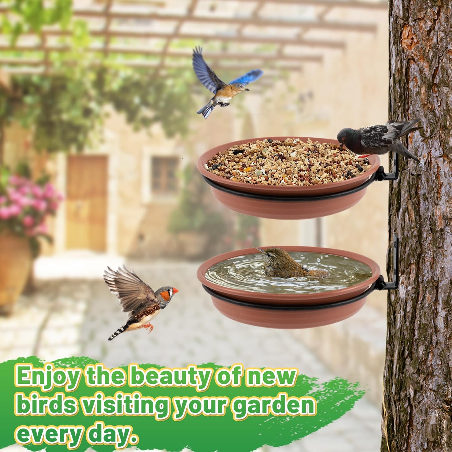Fence Bird Feeders Tray - 2pcs Tree Mounted Wild Bird Bath for Outdoors Place Food Water, Installed on Wooden Deck Fence with Heavy Duty Iron Ring, 8.3'' Dia. (Brown)