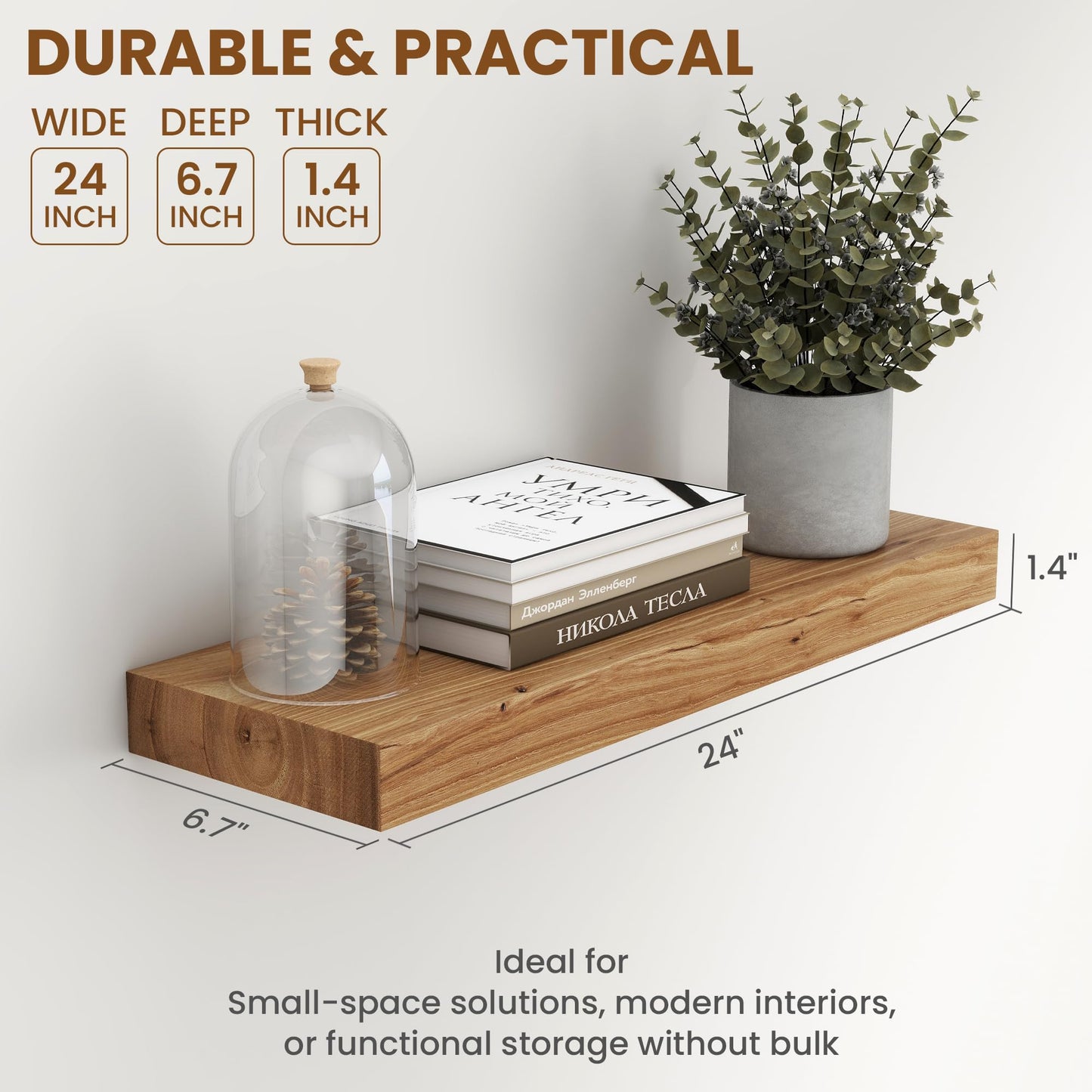 Fun Memories Wood Floating Shelves 24 Inch Long, Rustic Elm Wood Wall Shelves for Farmhouse, Living Room, Kitchen, Wall Mounted Bathroom Shelf Floating Shelf with Invisible Bracket Set of 2, Natural