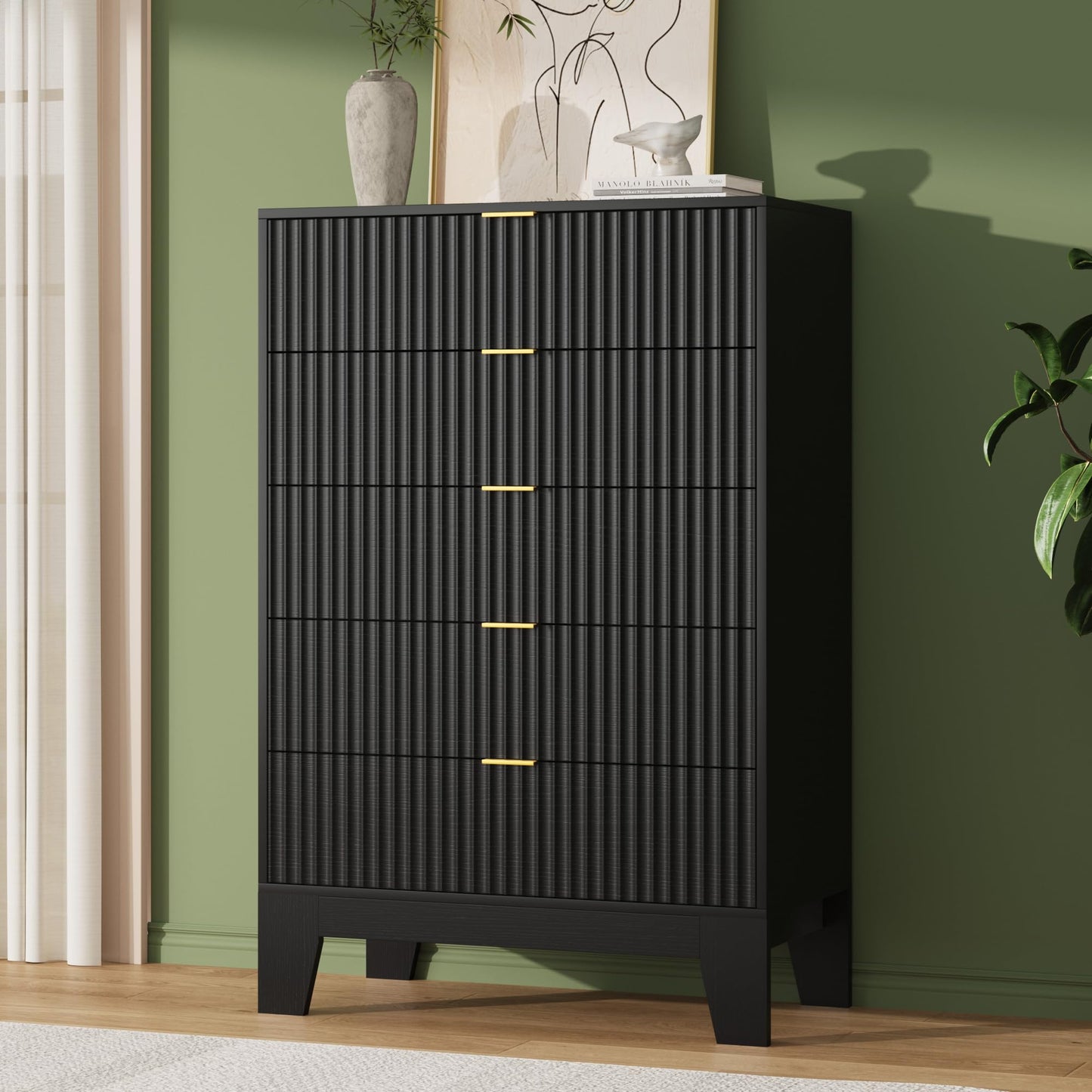 Garvee 5 Drawer Dresser for Bedroom, 47" Tall Fluted Chest of Drawers with Metal Handle, Modern Wooden Dresser TV Stand, Clothes Storage Organizer Wood Closet for Hallway, Entryway, Black