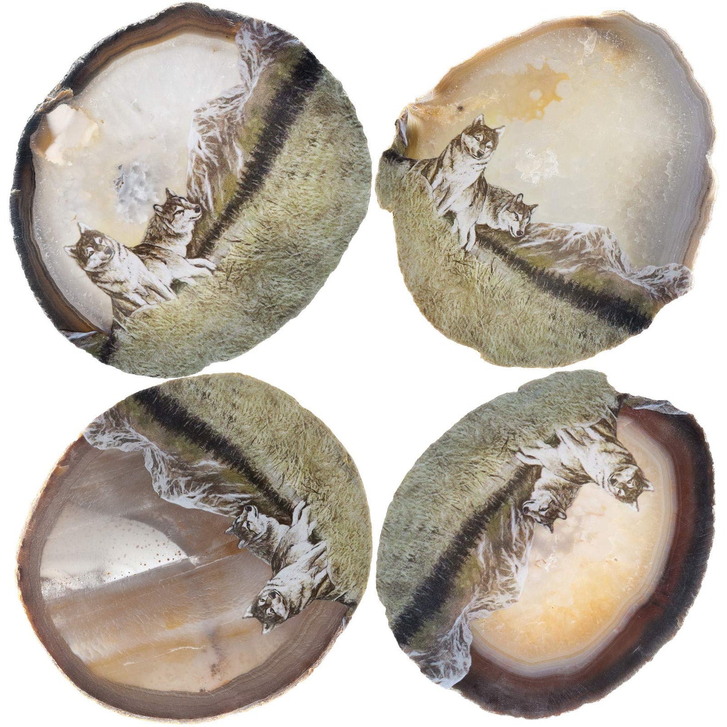 mookaitedecor Natural Agate Slice Art Print Wolves Table Display with Wooden Stand, Irregular Agate Geode Stone Figurine for Office & Home Decoration